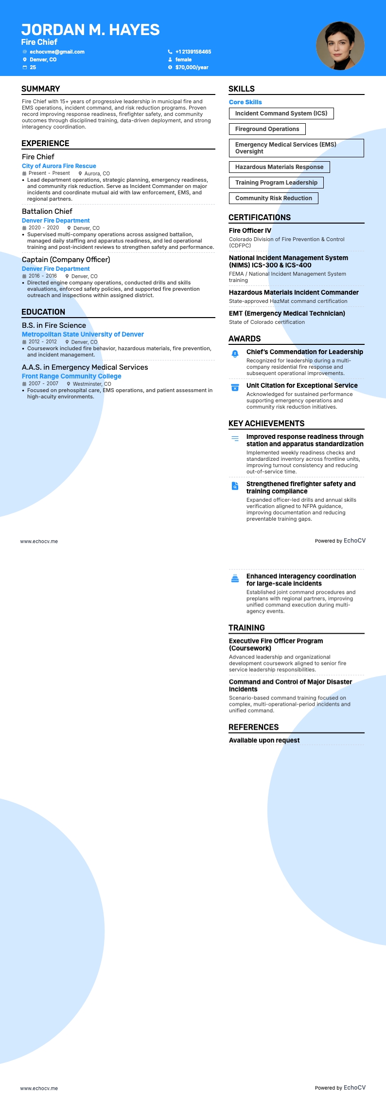 Lính cứu hỏa resume example