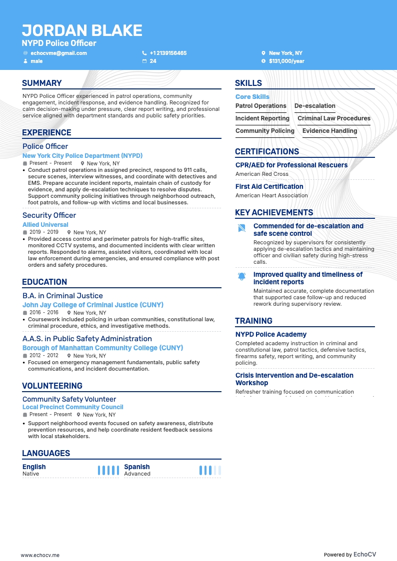 NYPD Police Officer example resume