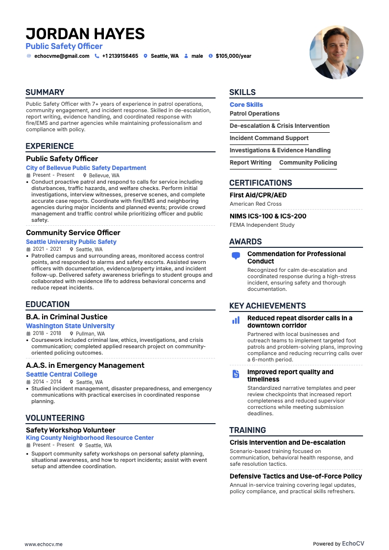 Public Safety Officer example resume
