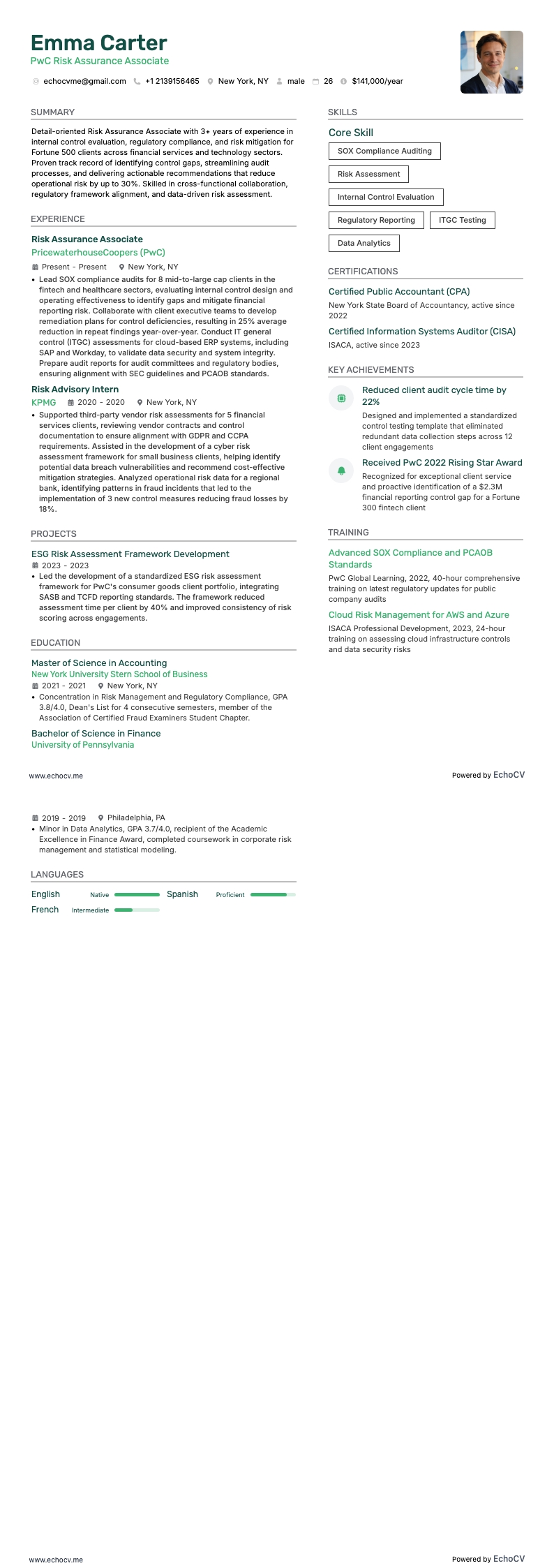 PwC Risk Assurance Associate example resume