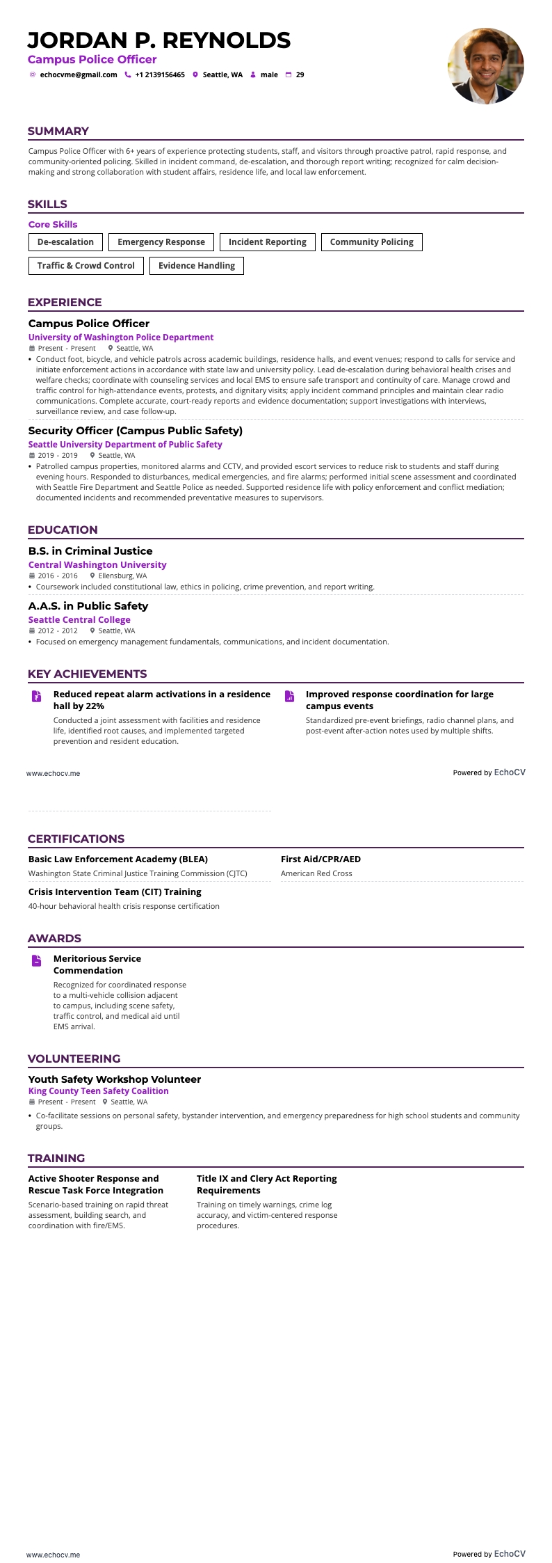 Campus Police Officer example resume