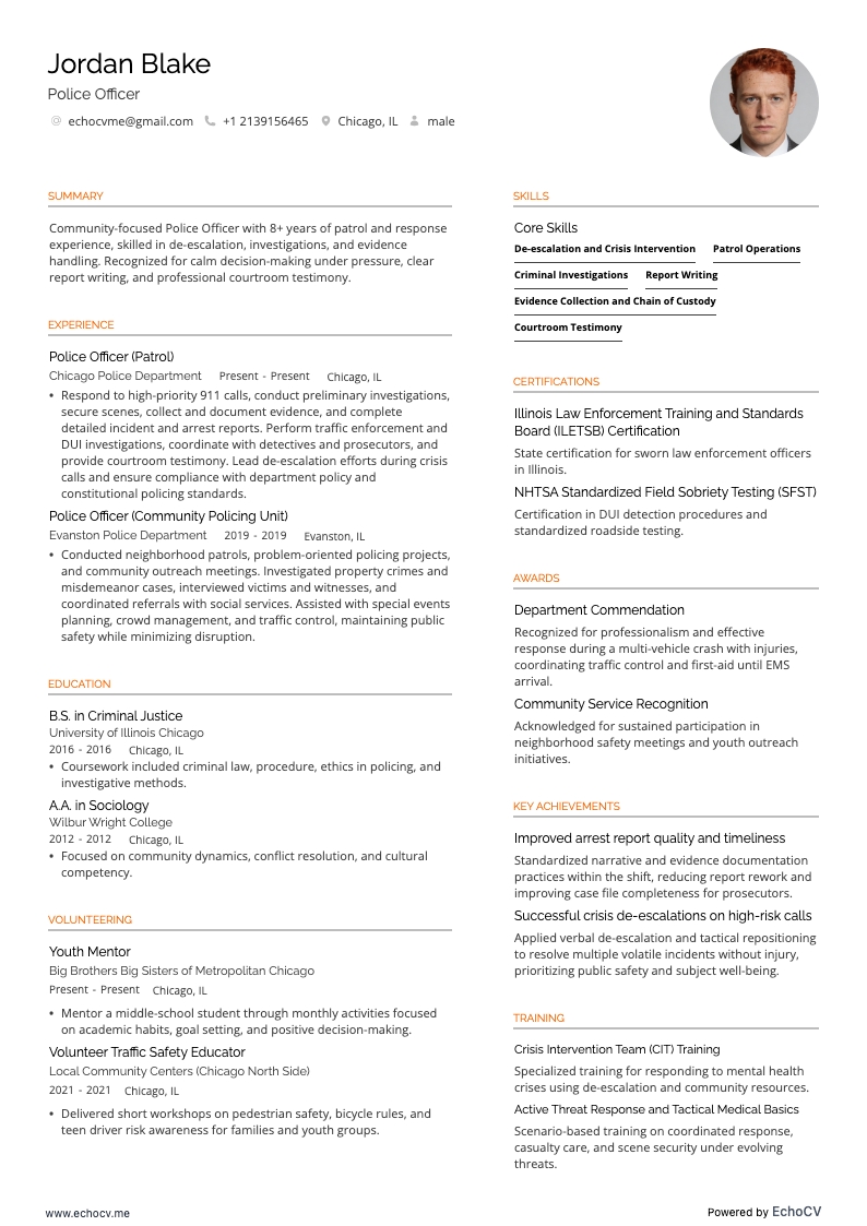 Policier resume example