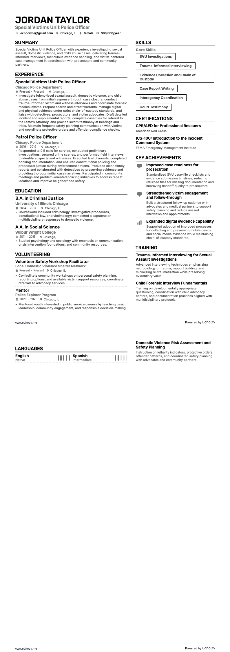 Cảnh sát resume example