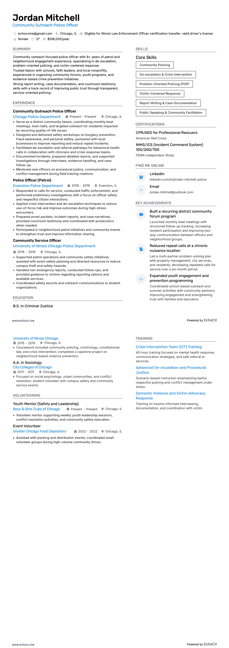 Community Outreach Police Officer example resume