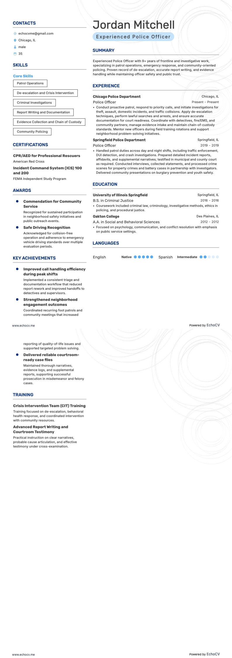 Experienced Police Officer example resume