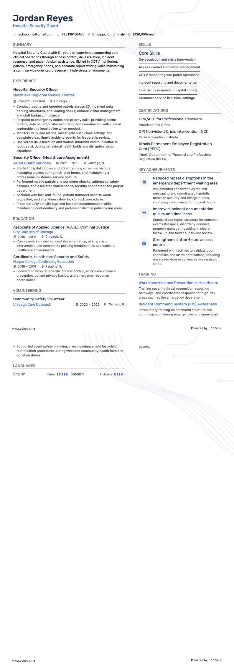 Hospital Security Guard example resume