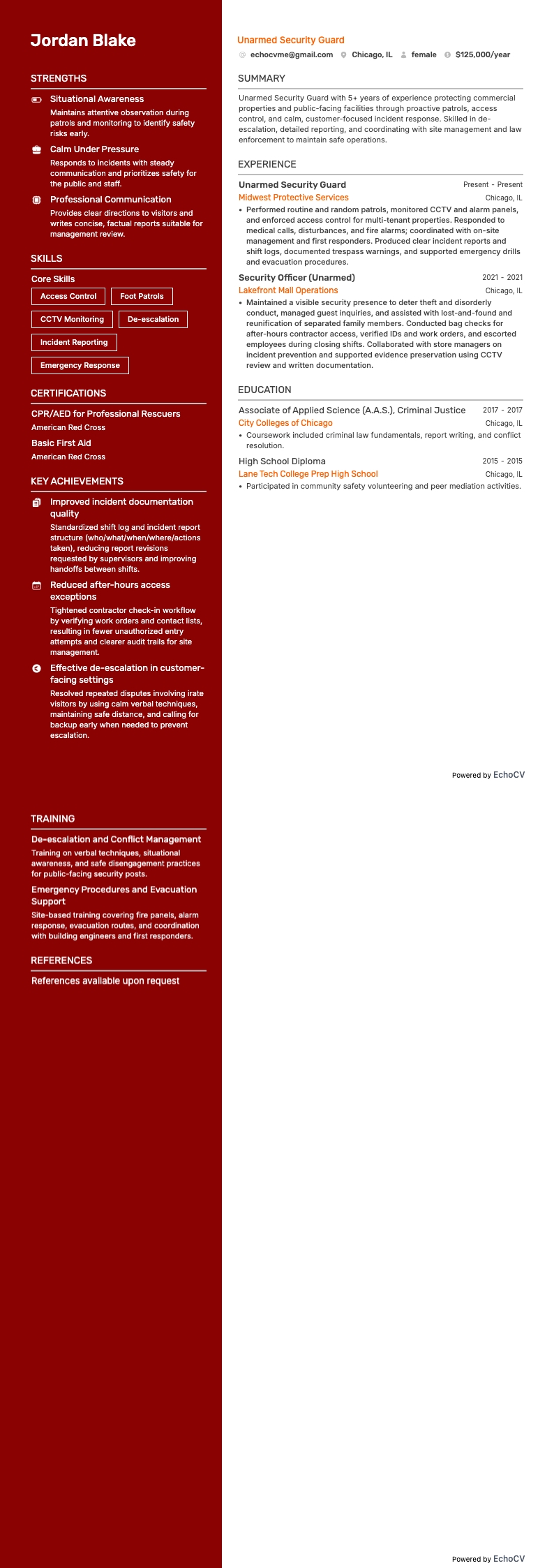 Unarmed Security Guard example resume