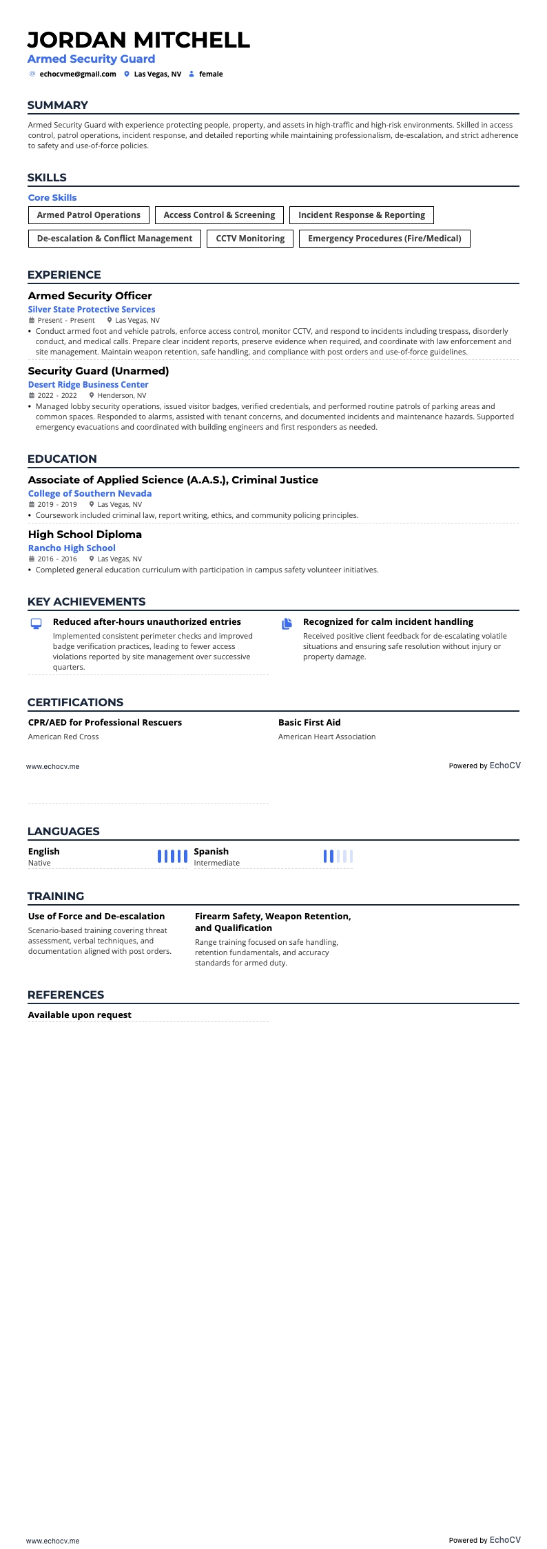 Armed Security Guard example resume