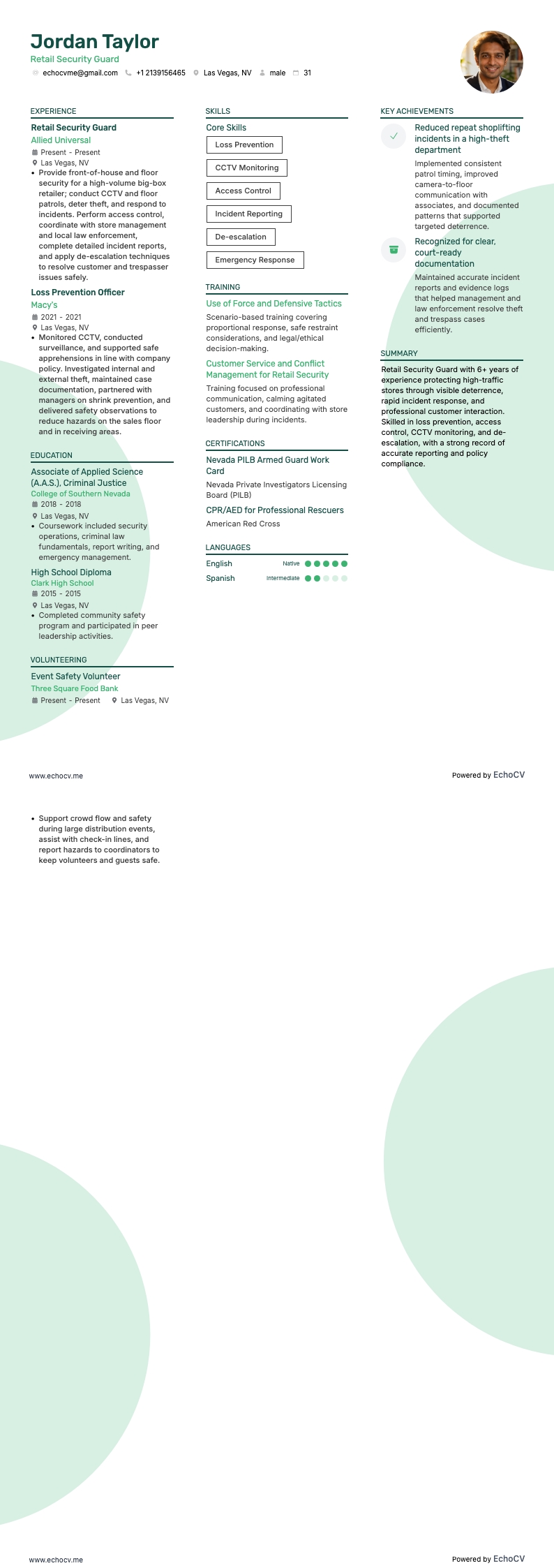 Retail Security Guard example resume