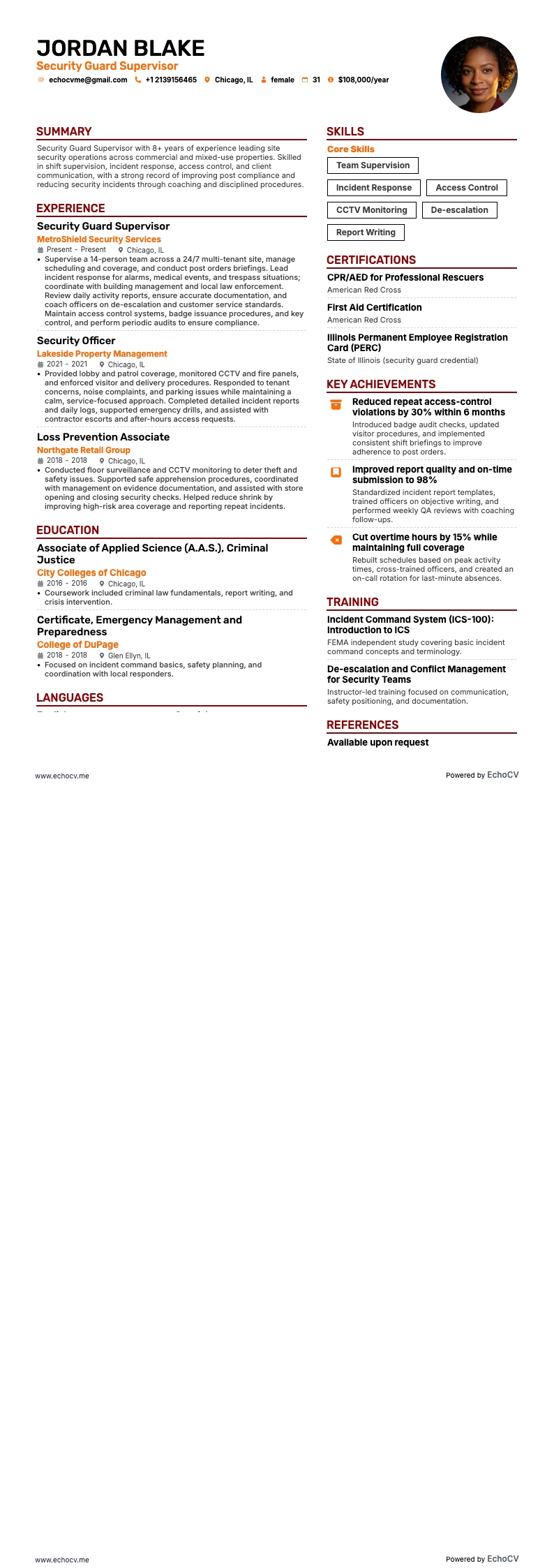 Security Guard resume example