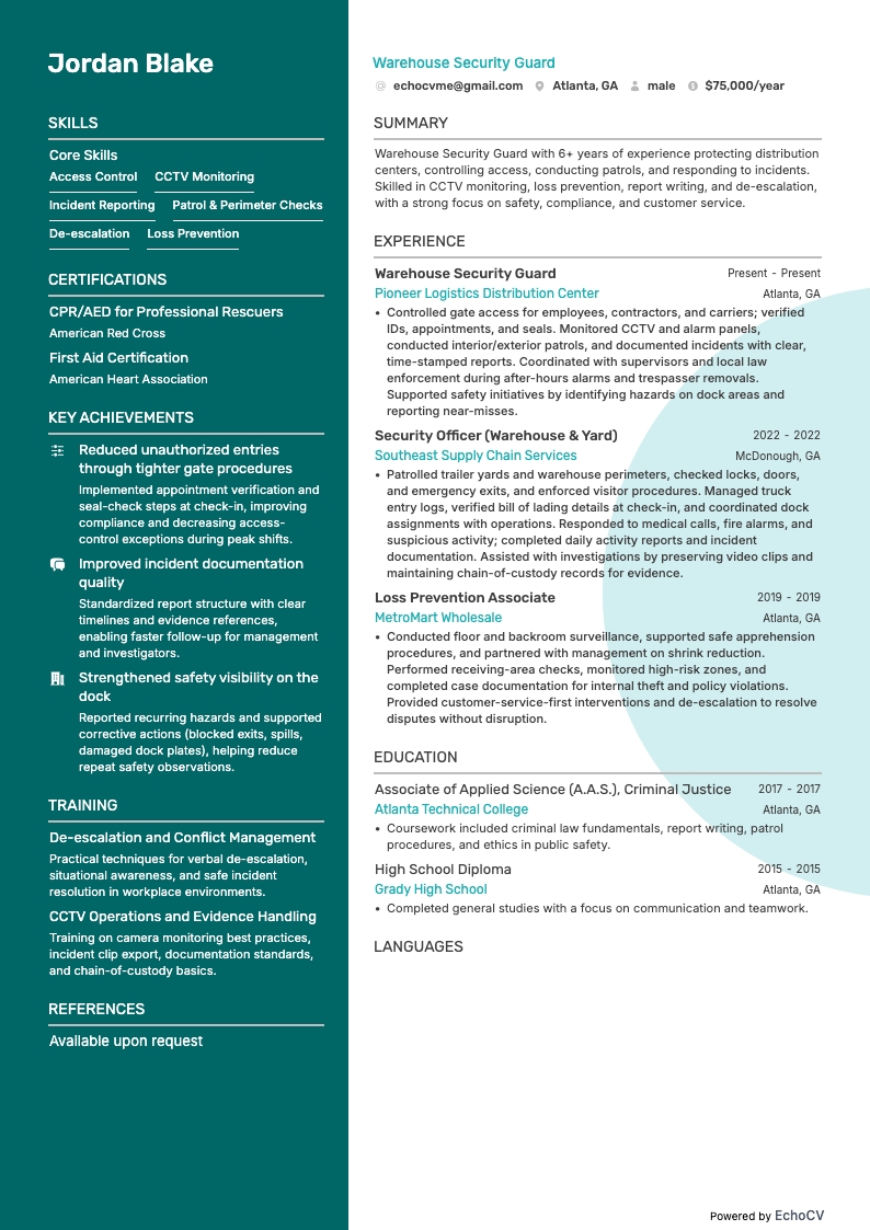 Warehouse Security Guard example resume