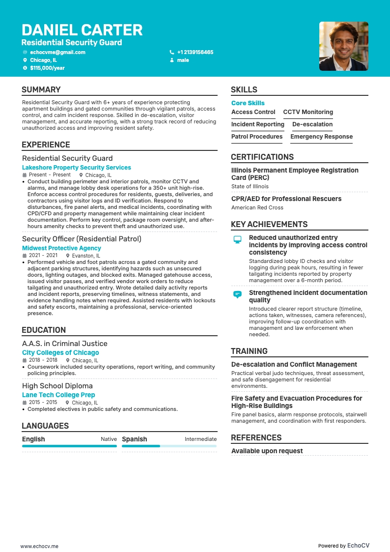 Residential Security Guard example resume
