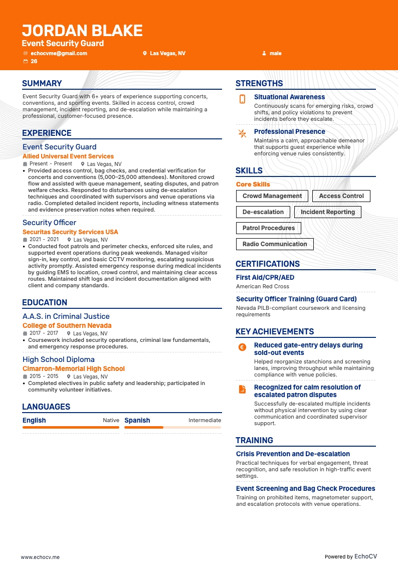 Addetto alla sicurezza resume example