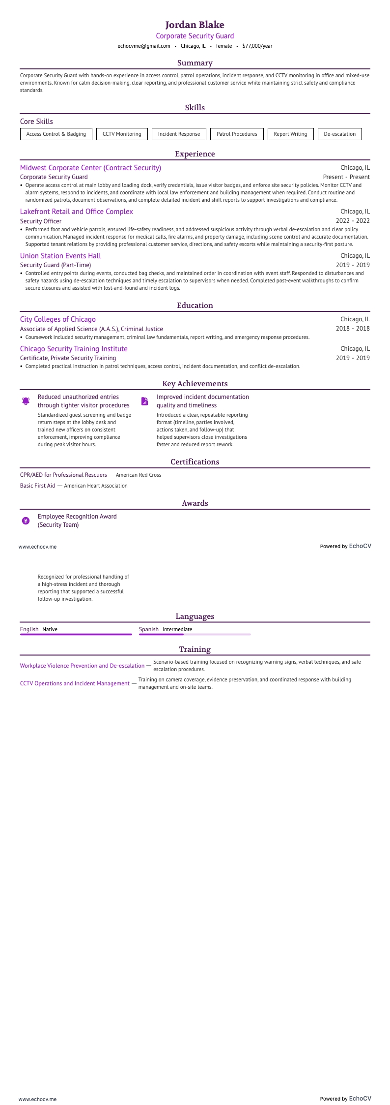 Corporate Security Guard example resume