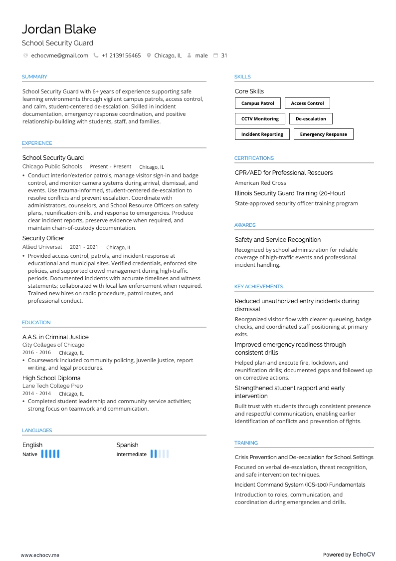 School Security Guard example resume