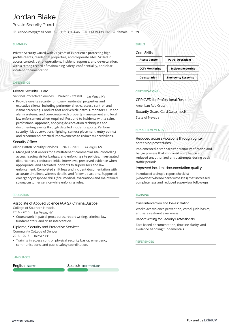 Private Security Guard example resume