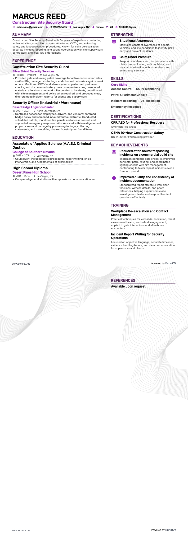 Construction Site Security Guard example resume