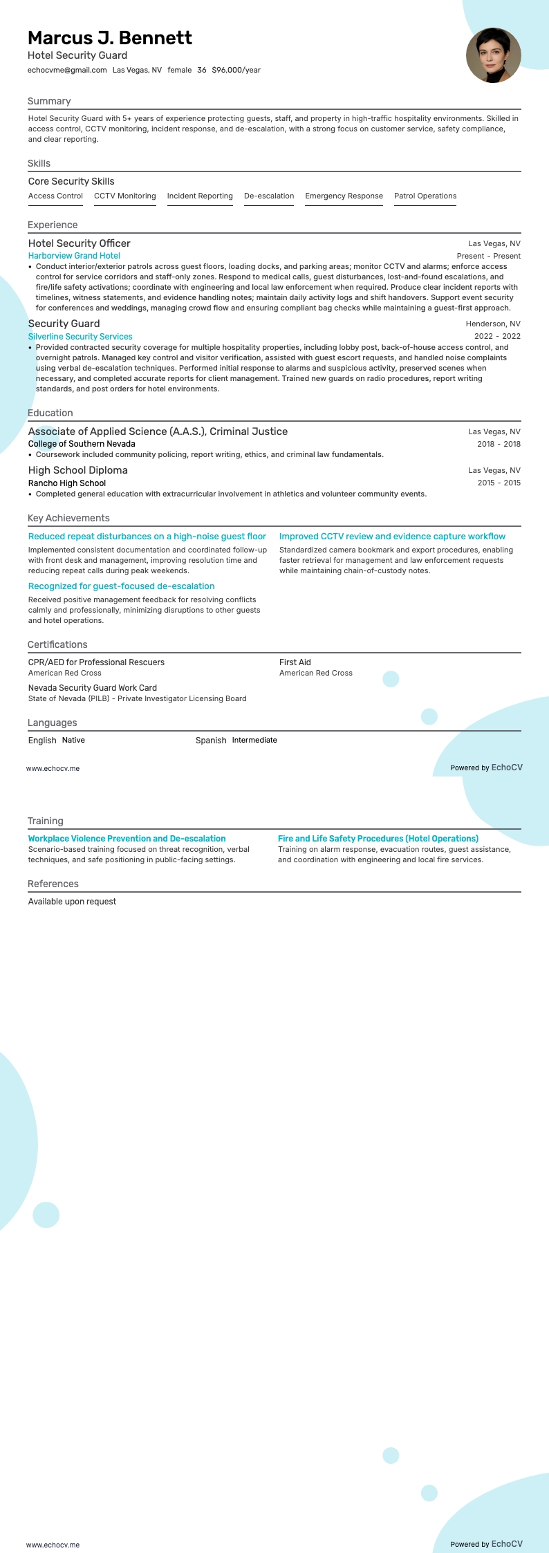 Hotel Security Guard example resume