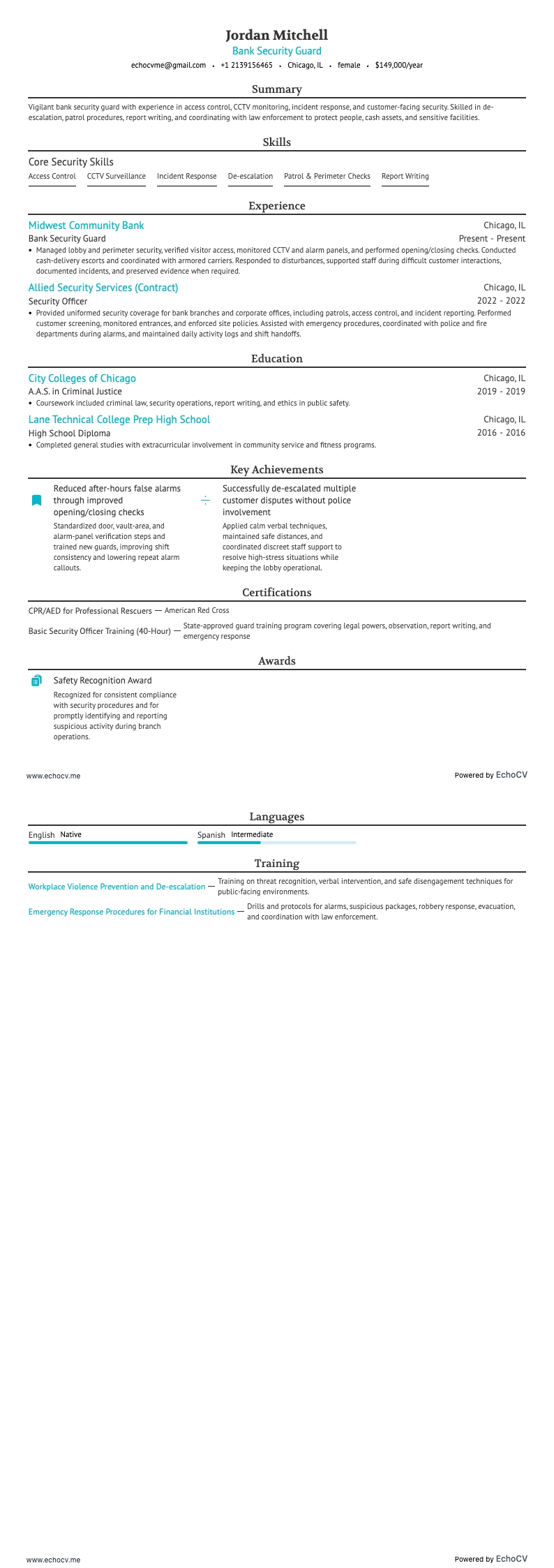Bank Security Guard example resume