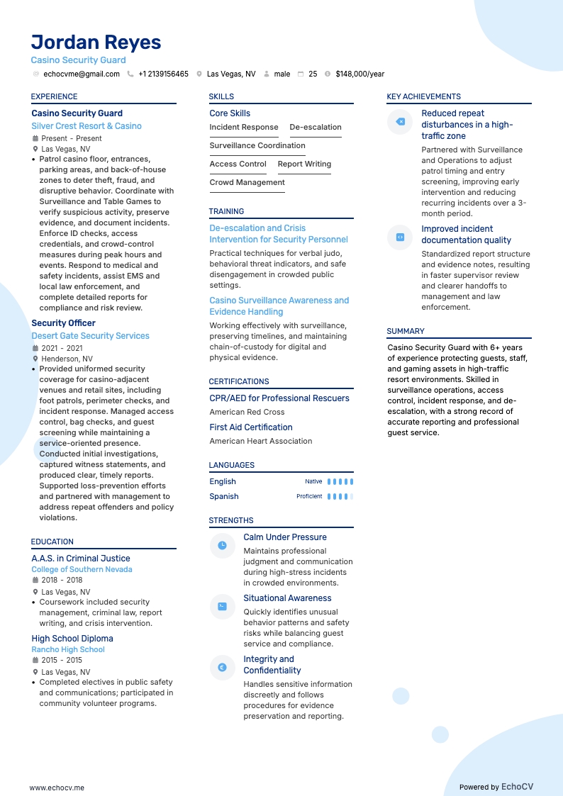 Casino Security Guard example resume