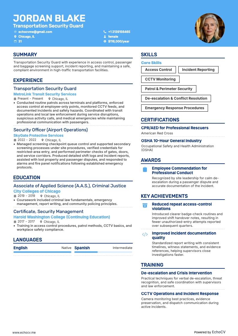 Transportation Security Guard example resume