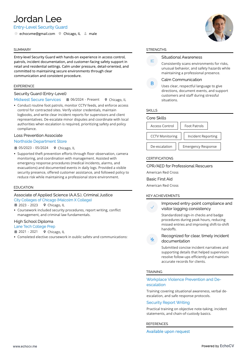 Entry-Level Security Guard example resume