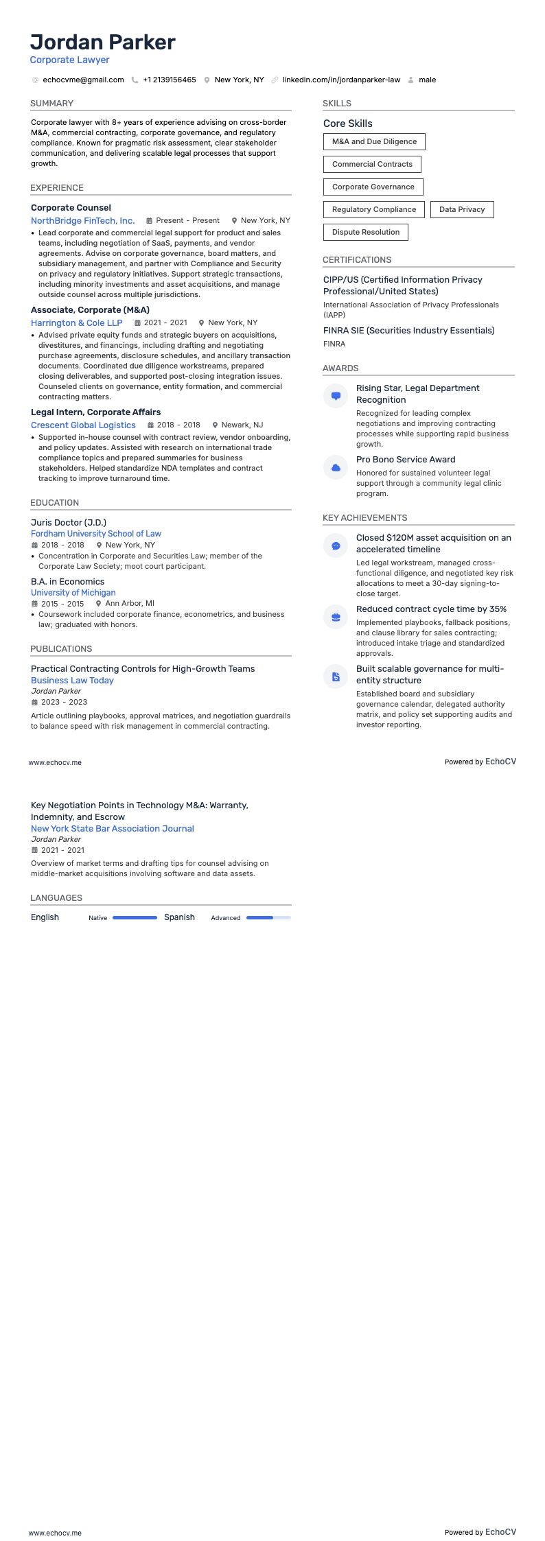 Corporate Lawyer example resume