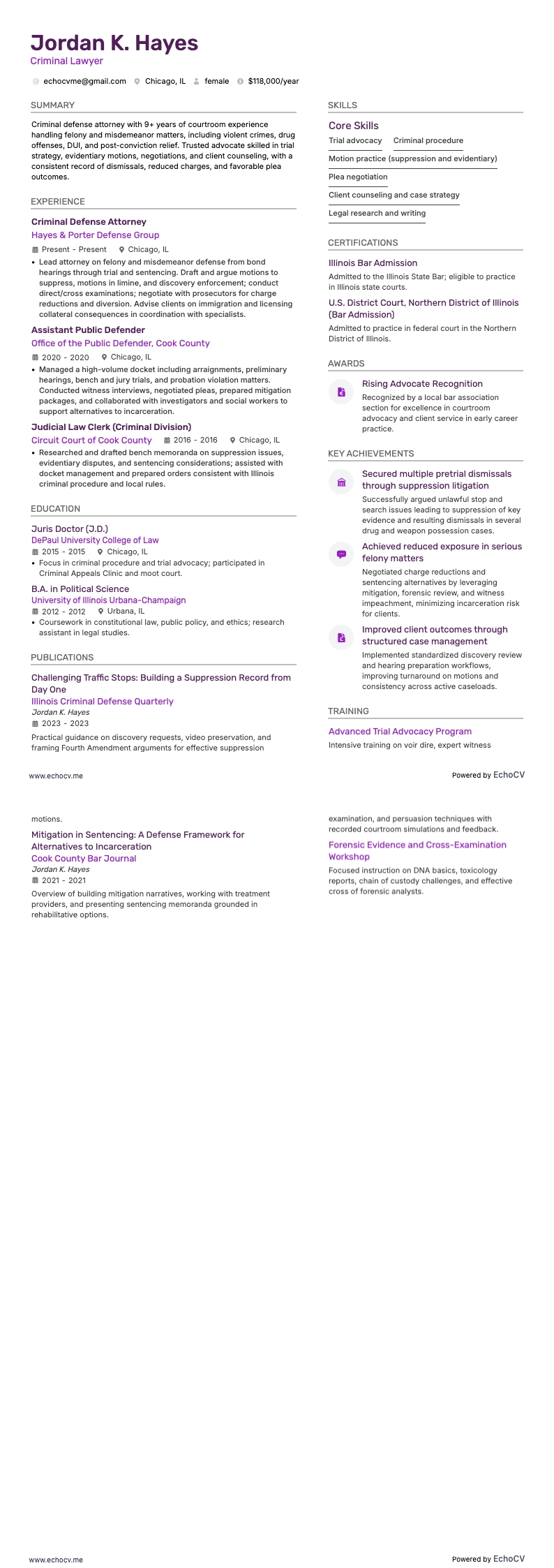 Criminal Lawyer example resume