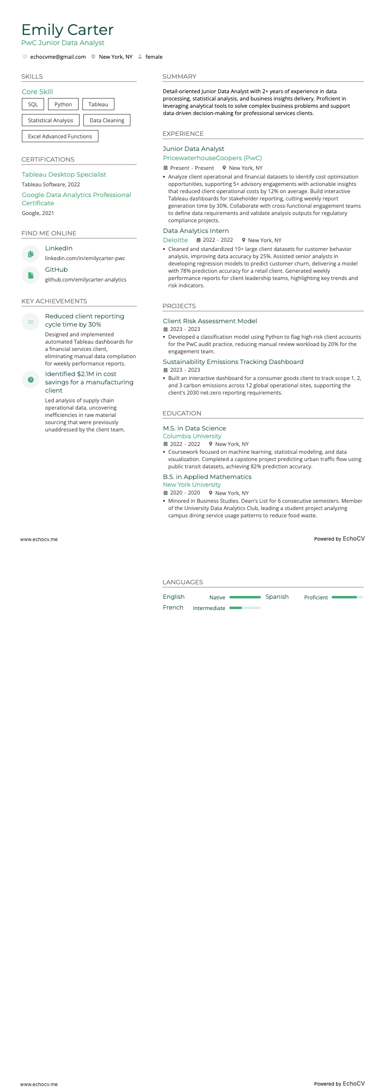 PwC Junior Data Analyst example resume
