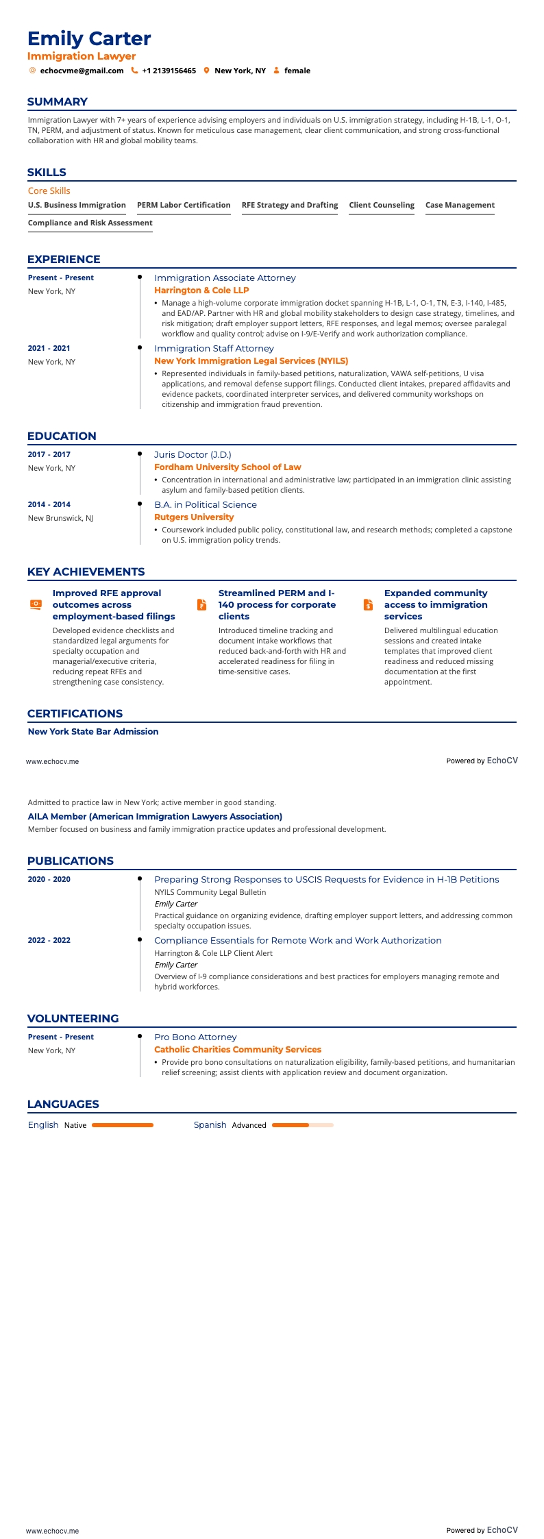 Immigration Lawyer example resume
