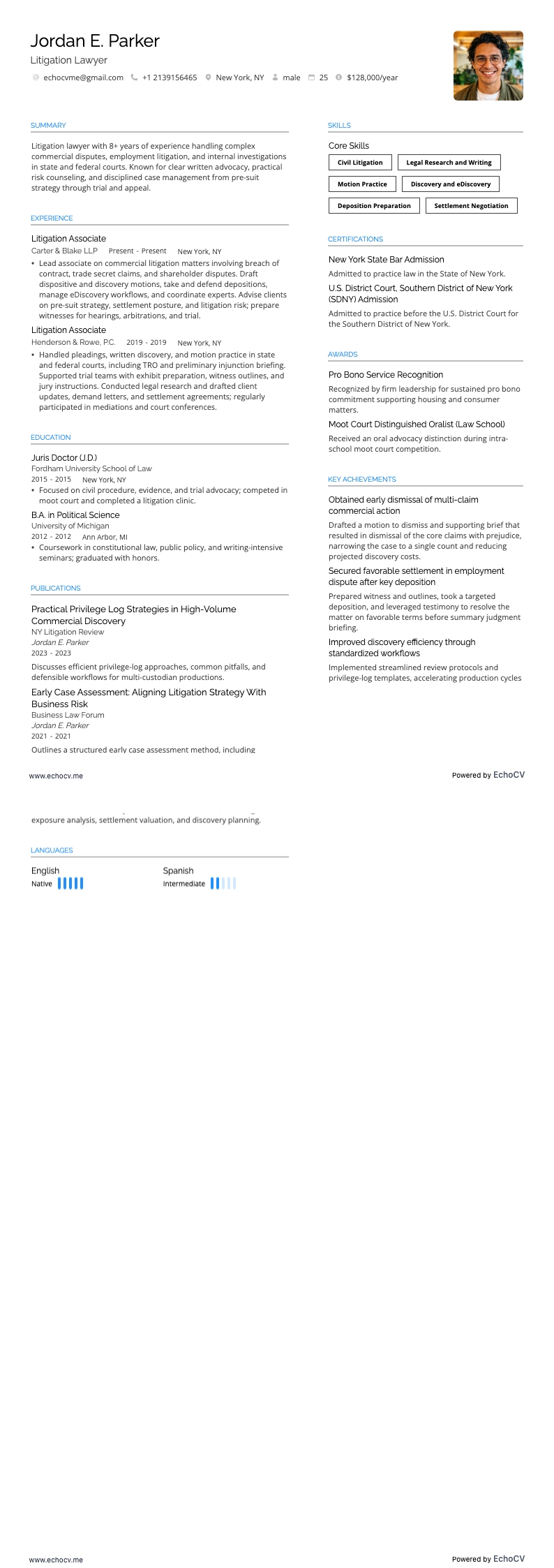 Litigation Lawyer example resume