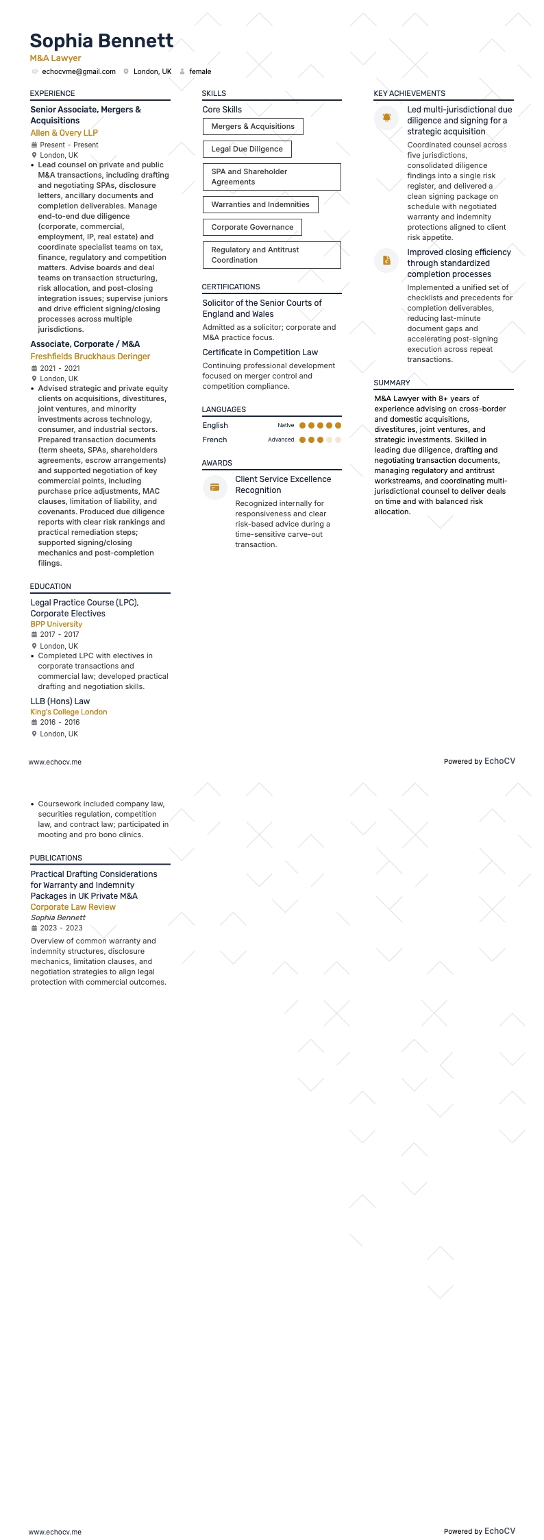 M&A Lawyer example resume