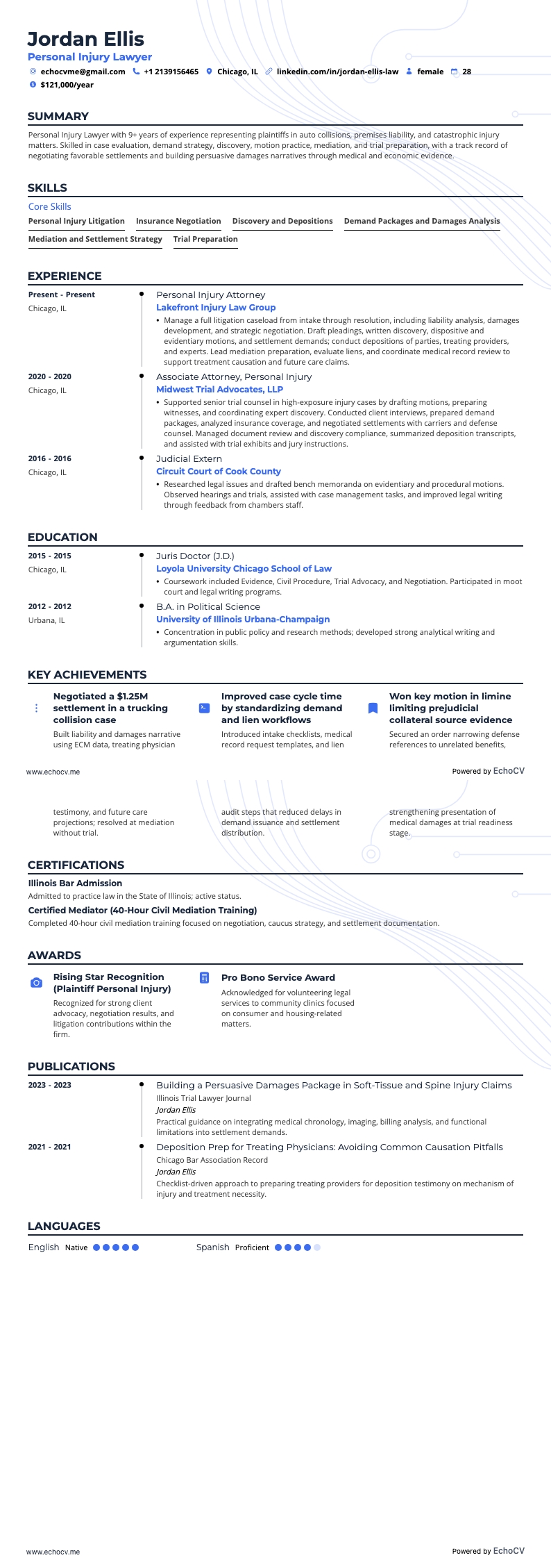 Personal Injury Lawyer example resume