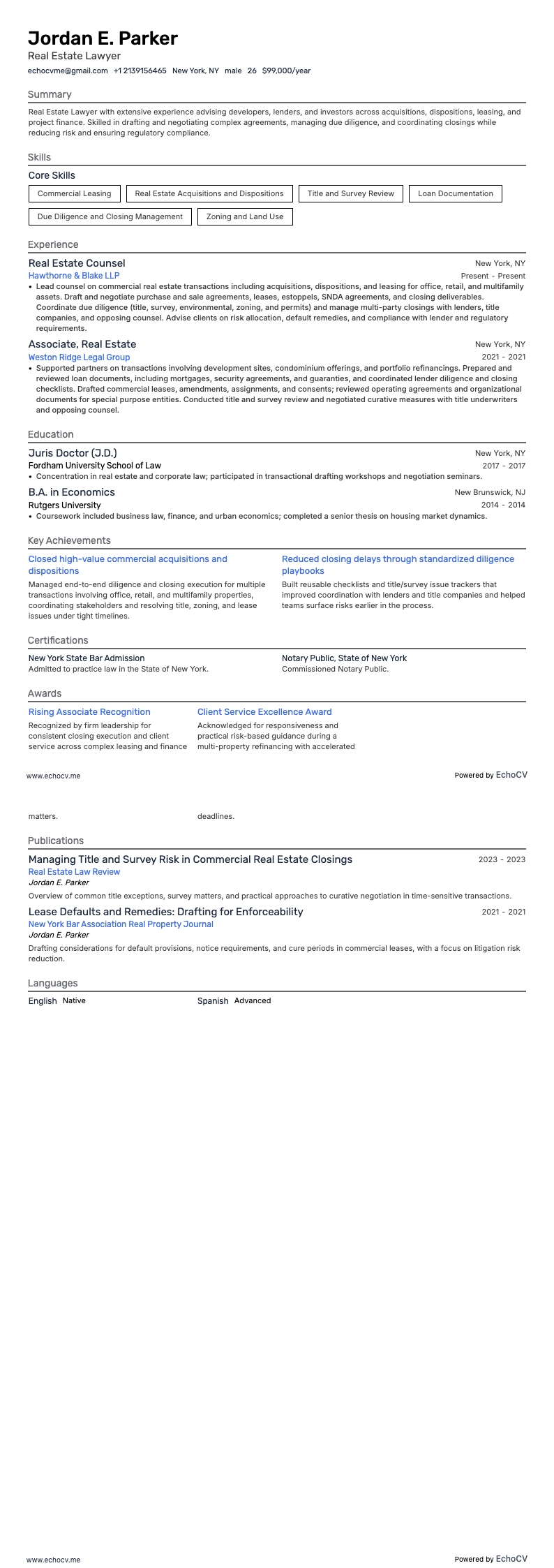 Real Estate Lawyer example resume