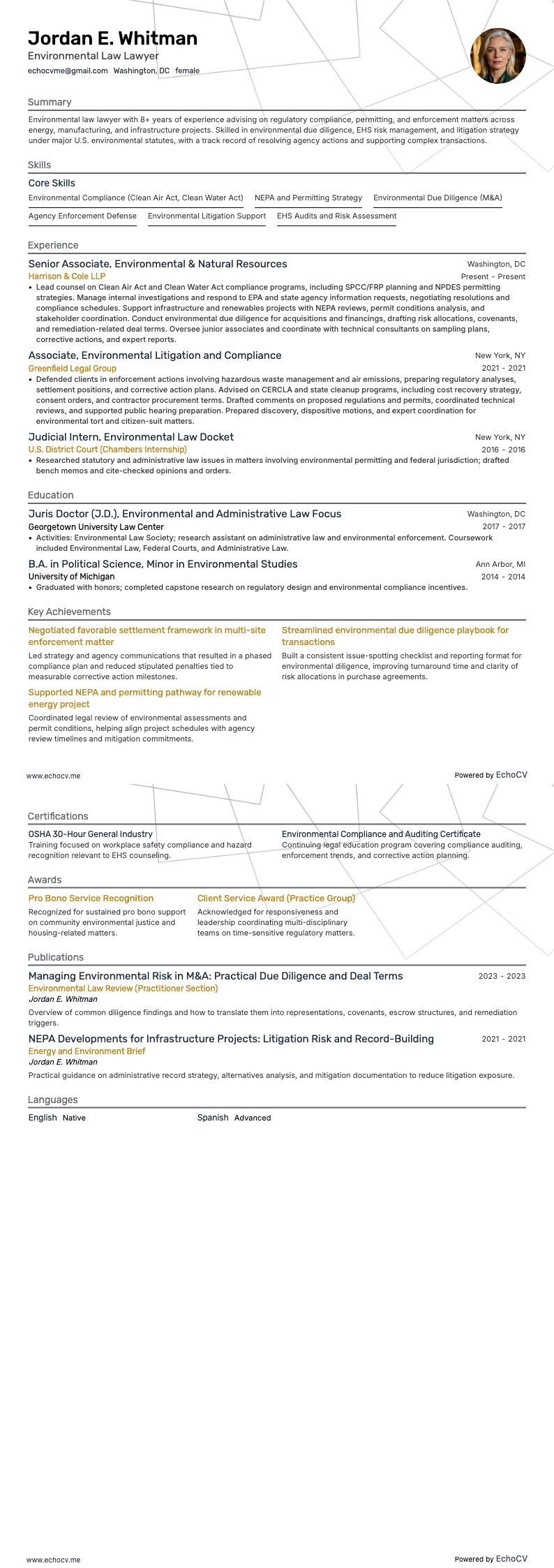 Environmental Law Lawyer example resume