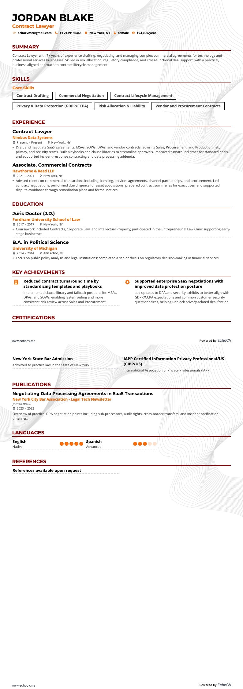 Contract Lawyer example resume