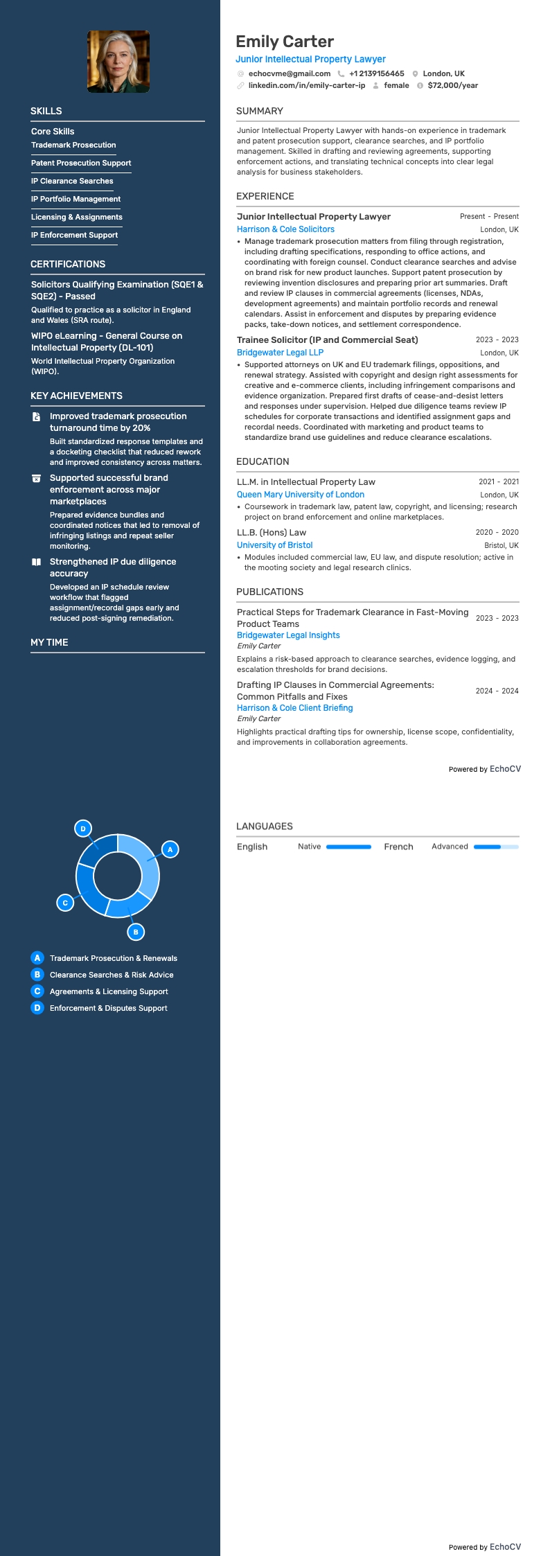 Junior Intellectual Property Lawyer example resume