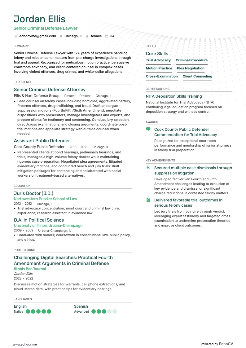 Senior Criminal Defense Lawyer example resume