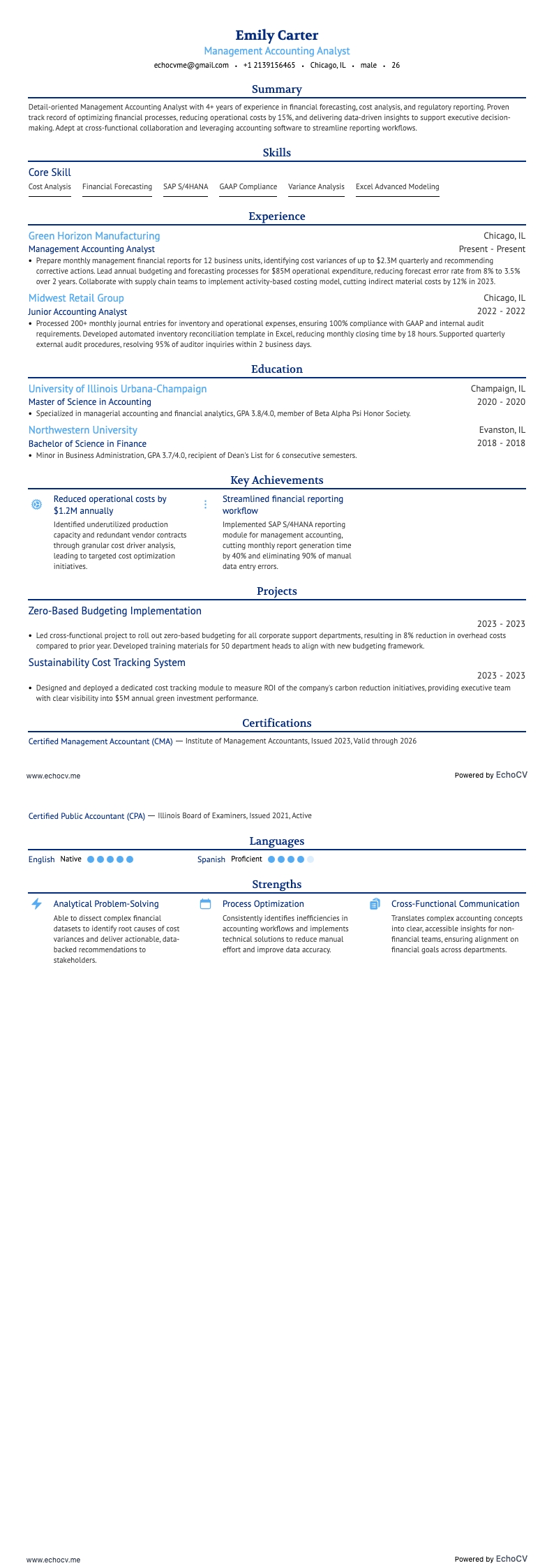 Analyste en comptabilité de gestion example resume