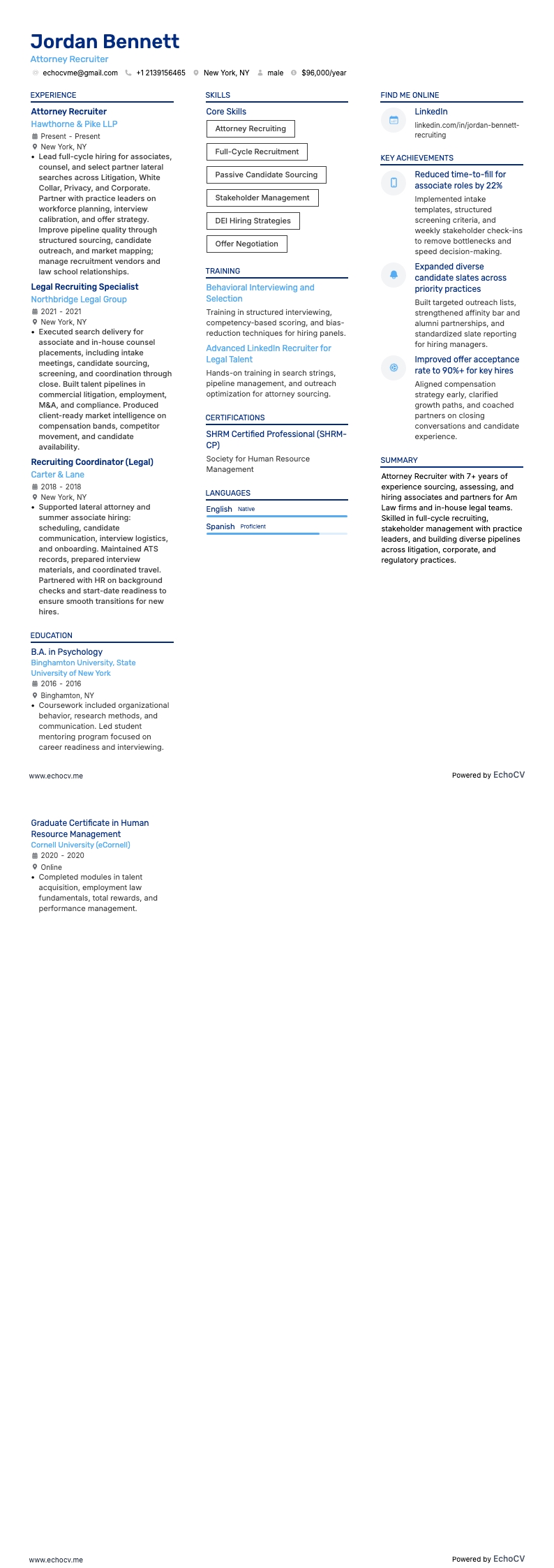 Recruiter voor advocaten example resume