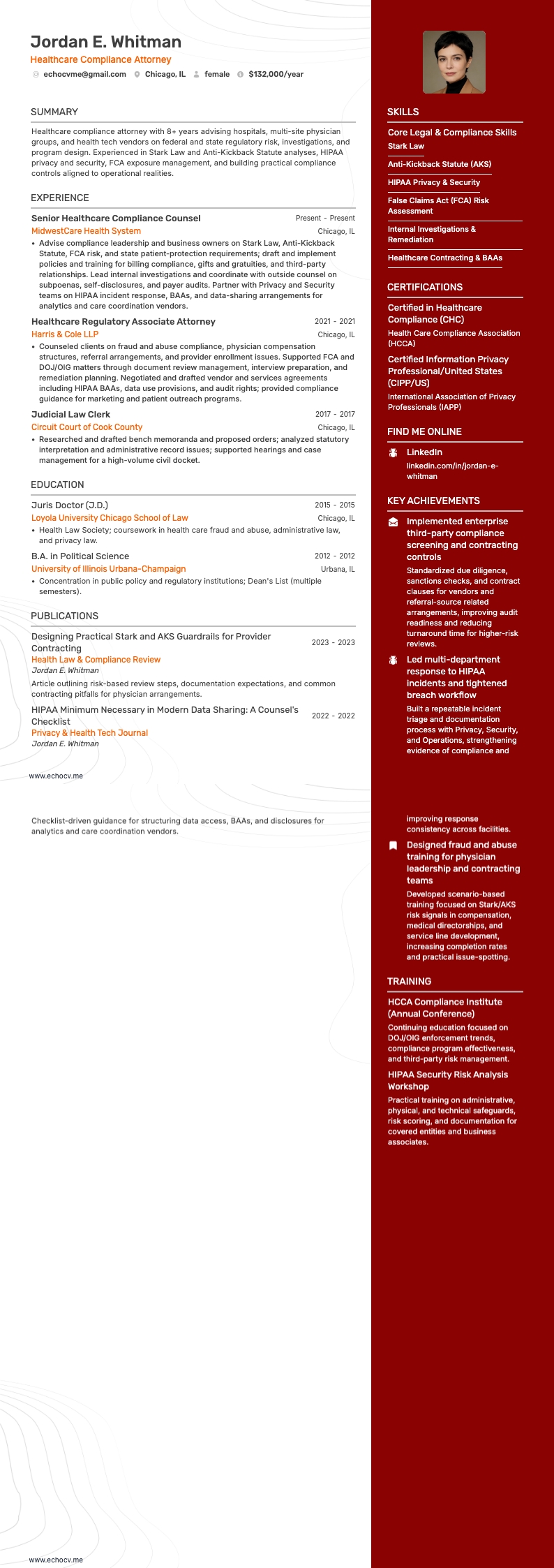 Advocaat gezondheidszorgcompliance example resume