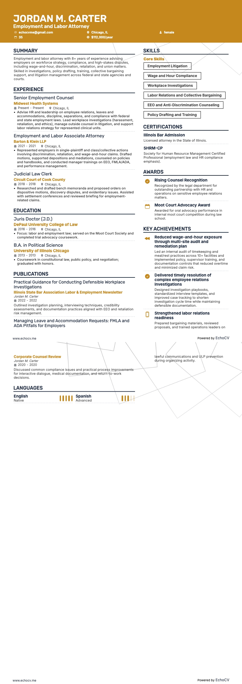 Arbeidsrechtadvocaat example resume