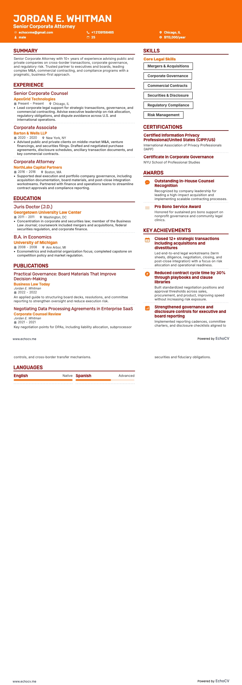 Senior bedrijfsjurist example resume