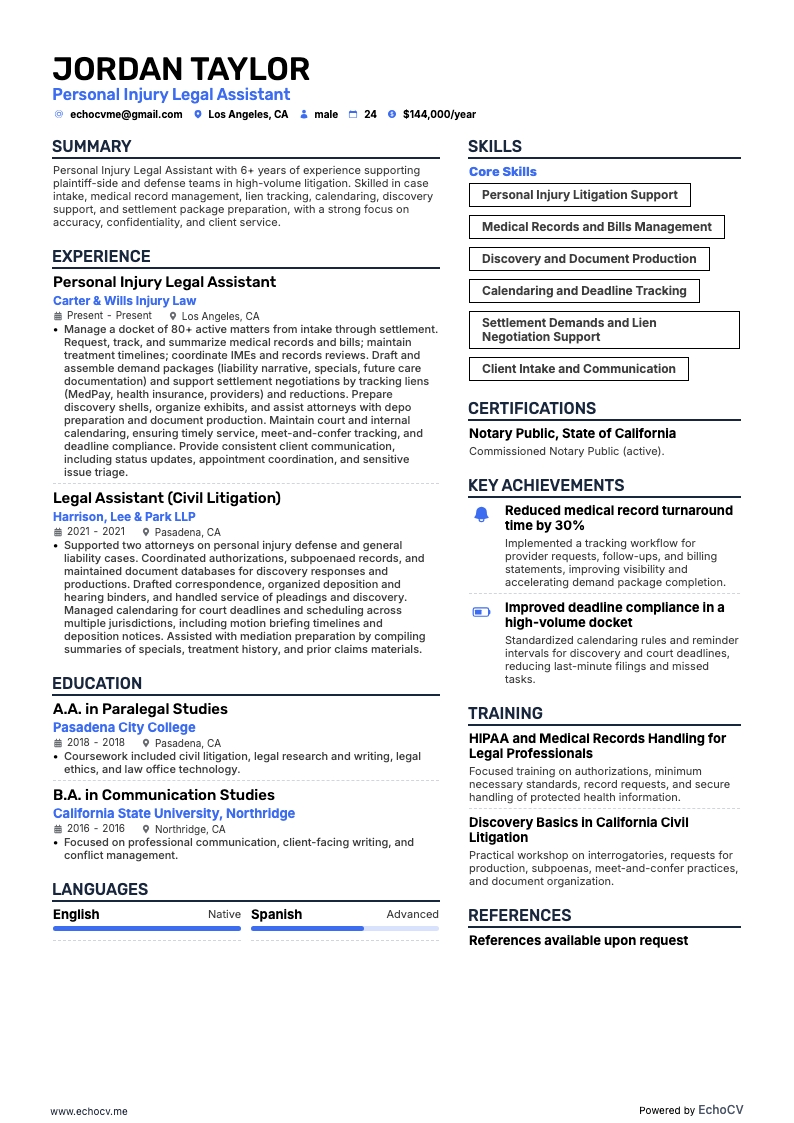 Personal Injury Legal Assistant example resume