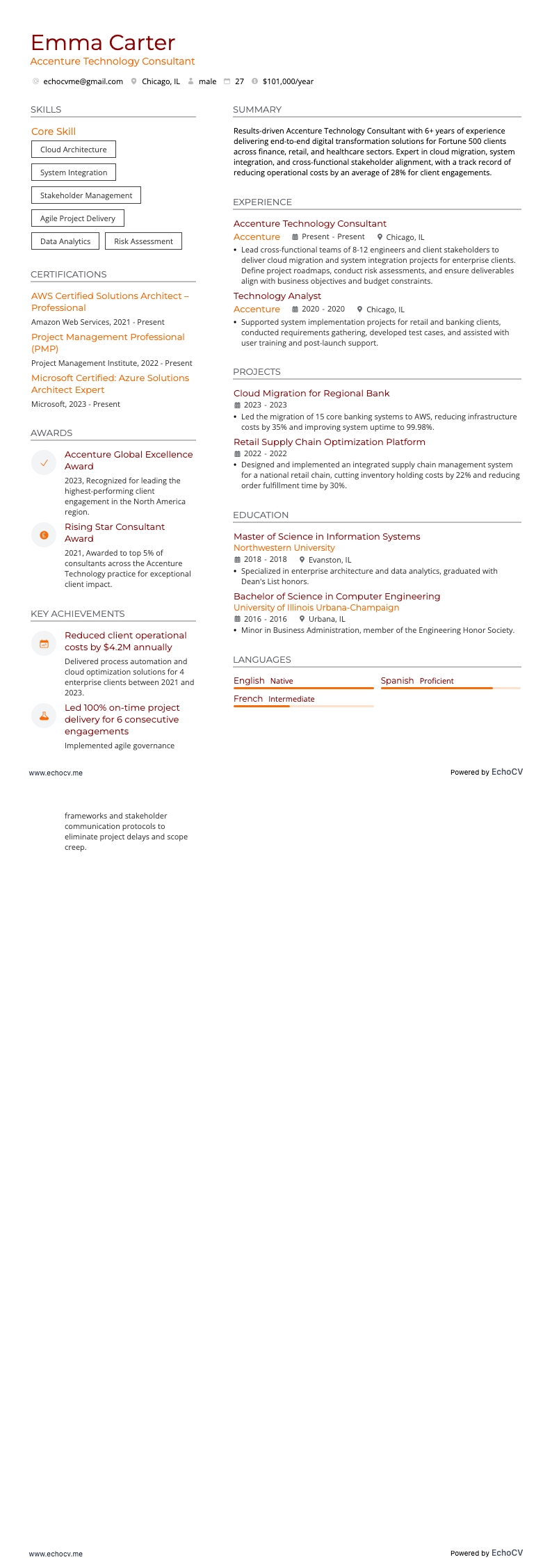 Accenture Technology Consultant example resume