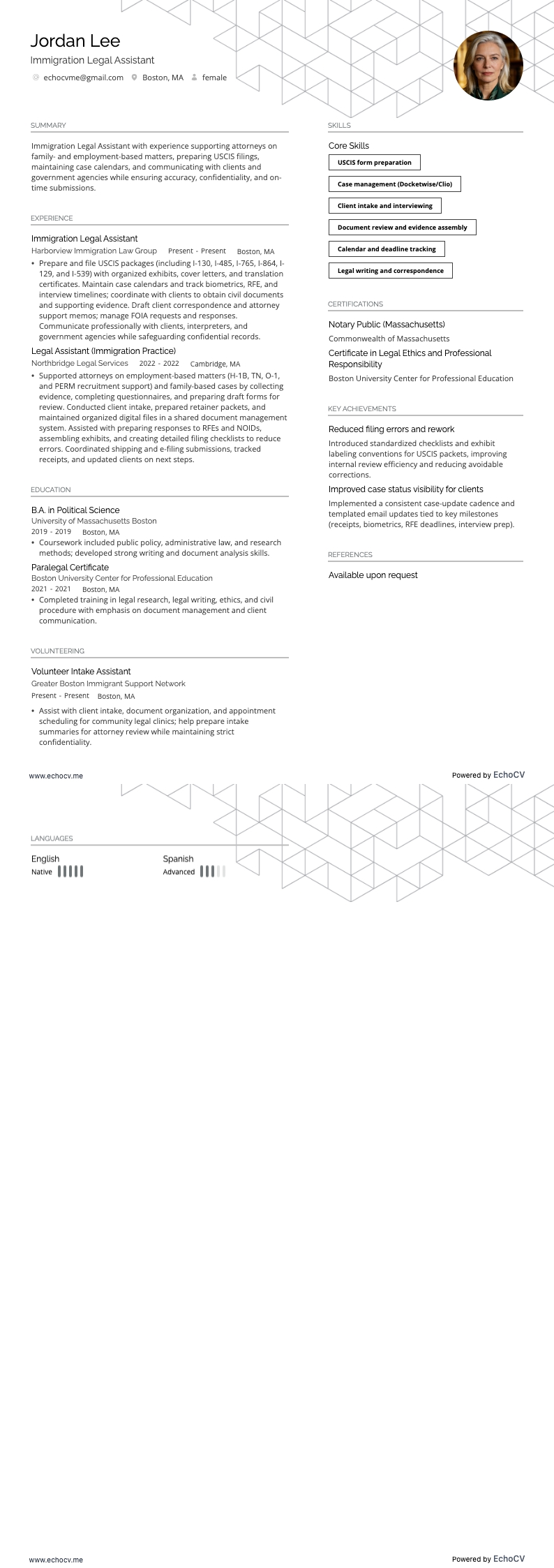 Immigration Legal Assistant example resume