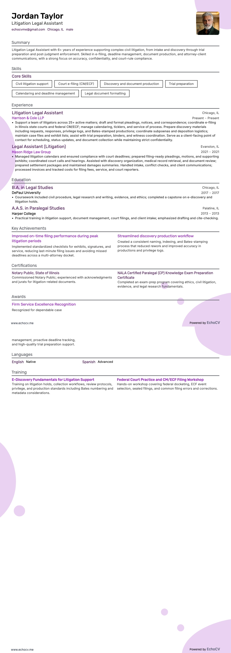 Litigation Legal Assistant example resume