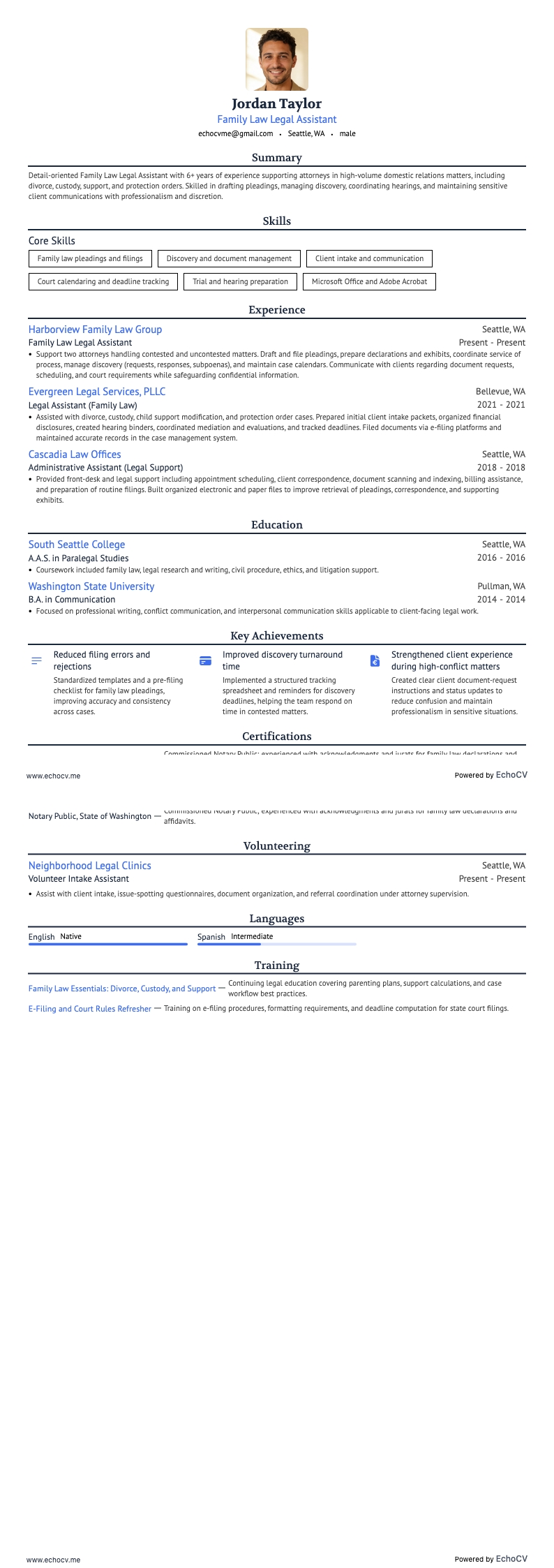 Family Law Legal Assistant example resume