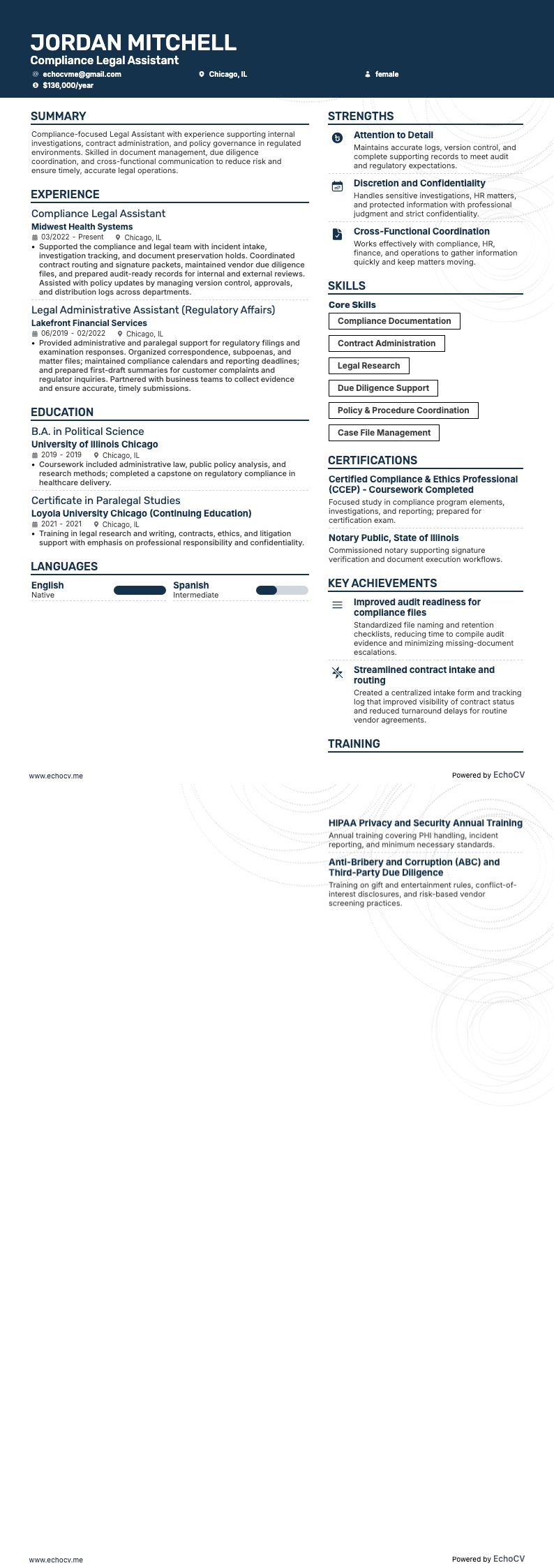 Compliance Legal Assistant example resume