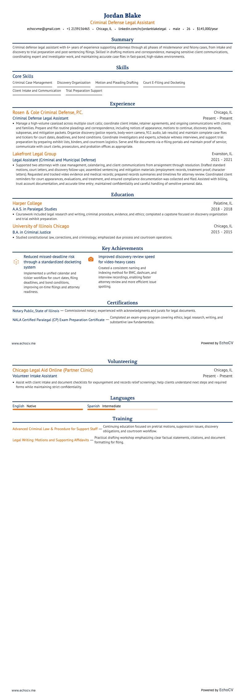 Criminal Defense Legal Assistant example resume